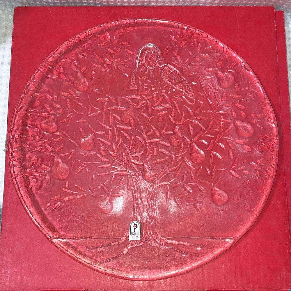 Vintage Pilgrim Glass Party Platter 13" Partridge Pear Tree 525 Handmade in USA